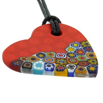 GlassOfVenice Murano Glass Matte Millefiori Heart Necklace - Mezzo Red