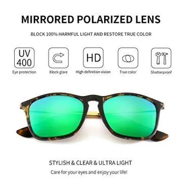 SUNGAIT Classic Square Frame Sunglasses Retro Style for Men Women (Tortoise Frame/Polarized Green Mi...