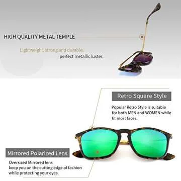 SUNGAIT Classic Square Frame Sunglasses Retro Style for Men Women (Tortoise Frame/Polarized Green Mirror Lens, 54) Composite Frame 1509PGHPKLV