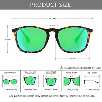 SUNGAIT Classic Square Frame Sunglasses Retro Style for Men Women (Tortoise Frame/Polarized Green Mirror Lens, 54) Composite Frame 1509PGHPKLV