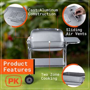 PK Grills Charcoal BBQ Grill and Smoker Combo Cast Aluminum Portable Outdoor Cooking Barbecue Grills...