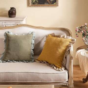 patdrea Shabby Chic Yellow Decorative Throw Pillow Covers 18x18 Set of 2,Farmhouse Linen Pillow Covers with Ruffles,Square Sturdy Throw Pillow Case for Couch Sofa Bed Living Room