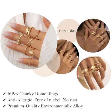 HAIAISO 16Pcs Gold Done Chunky Rings for Women 18K Gold Plated Adjustable Braided Twisted Round Signet Statement Rings Open Stackable Rings set Size 5-9
