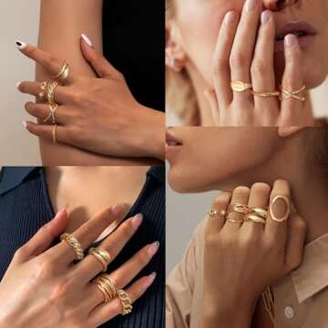 HAIAISO 16Pcs Gold Done Chunky Rings for Women 18K Gold Plated Adjustable Braided Twisted Round Signet Statement Rings Open Stackable Rings set Size 5-9