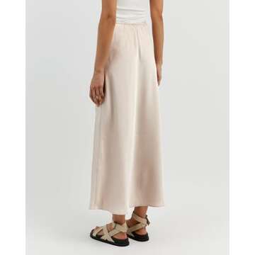 VividHarbor Women's Drawstring Satin Maxi Skirt High Waist Silk A Line Flowy Long Skirts Beige