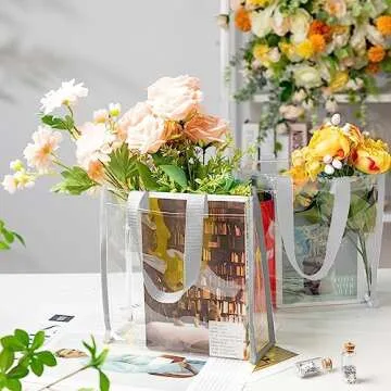 Paterr 20 Pack Plastic Clear Tote Bags 10 x 10 x 4 Inch Stadium Approved Gift Bag with Handles for Women Sports Work Travel(White)