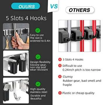 HANZENMA Broom Holder Wall Mount, Broom Organizer Wall Mount Stainless Steel Broom and Mop Hanger Heavy Duty Storage Organization for Home Kitchen Garden Garage Room 5 Racks 4 Hooks