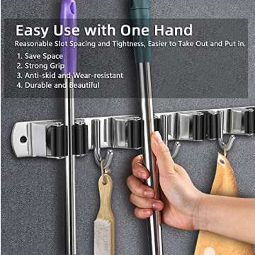 HANZENMA Broom Holder Wall Mount, Broom Organizer Wall Mount Stainless Steel Broom and Mop Hanger Heavy Duty Storage Organization for Home Kitchen Garden Garage Room 5 Racks 4 Hooks