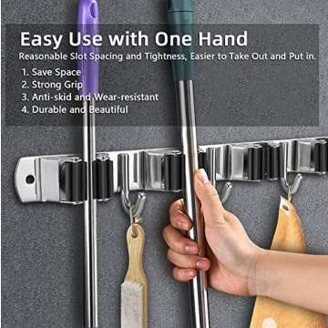 HANZENMA Broom Holder Wall Mount, Broom Organizer Wall Mount Stainless Steel Broom and Mop Hanger Heavy Duty Storage Organization for Home Kitchen Garden Garage Room 5 Racks 4 Hooks