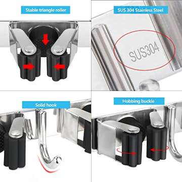 HANZENMA Broom Holder Wall Mount, Broom Organizer Wall Mount Stainless Steel Broom and Mop Hanger Heavy Duty Storage Organization for Home Kitchen Garden Garage Room 5 Racks 4 Hooks