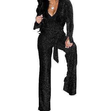 Womens Black Formal Jumpsuit Sexy V Neck Long Sleeve Long Pants Straight Jumper Stretchy Outfits For...