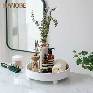 Hanobe Round Decorative Vanity Tray: White Bathroom Perfume Trays Circle Pedestal Stand Wood Riser for Display Decor Dresser