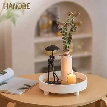 Hanobe Round Decorative Vanity Tray: White Bathroom Perfume Trays Circle Pedestal Stand Wood Riser for Display Decor Dresser