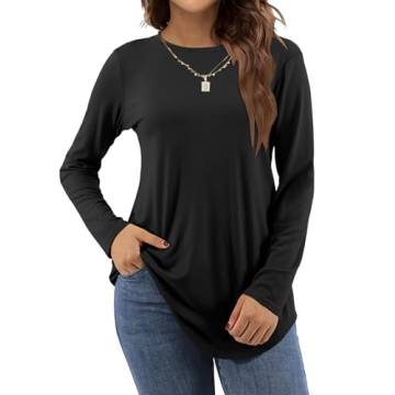 Amoretu Women's Long Sleeve Shirts Casual Crewneck Loose Fit Tunic Tops Dressy, Black M