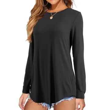 Amoretu Women's Long Sleeve Shirts Casual Crewneck Loose Fit Tunic Tops Dressy, Black M