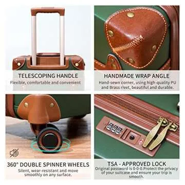 NZBZ Vintage Luggage Sets for Women, PU Leather Retro Suitcase, Vintage Trunk Luggage, Vintage Suitcase Set (Dark Green, 4-Piece-Set(14/20/24/28))