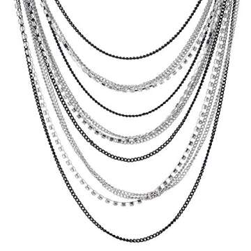 COOLSTEELANDBEYOND Black Silver Waterfall Multi-Strand Long Layered Chains Statement Collar Necklace...