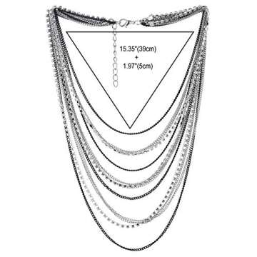 Elegant Black Silver Layered Chains Statement Necklace