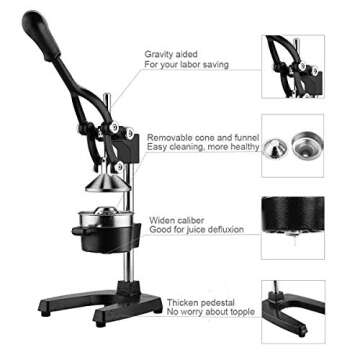 Excelvan Hand Press Citrus Commercial Juicer Pro Manual Fruit Fresh Squeezer with Stainless Steel Funnel Black