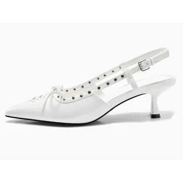 Coutgo Womens Slingback Kitten Heels Closed Pointed Toe Low Heel Dress Shoes Studded Bow Pumps, White, Size 7.5