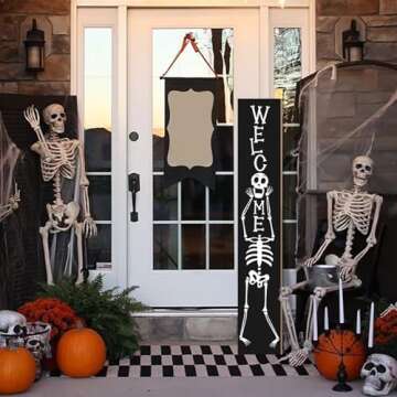 Halloween Porch Sign Boo Sign For Front Porch Skull Wooden Vertical Welcome Sign Yard Standing Decor...