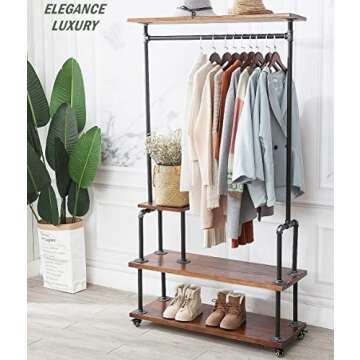 DOFURNILIM Industrial Clothing Rack, Pipe Style Rolling Garment Rack, Heavy Duty Steampunk Clothes R...