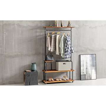 DOFURNILIM Industrial Clothing Rack, Pipe Style Rolling Garment Rack, Heavy Duty Steampunk Clothes Rack, Hall Tree on Wheels with Shelf and Shoes Storage for Home, Retail Store, Rustic Wood