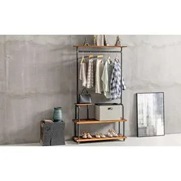 DOFURNILIM Industrial Clothing Rack, Pipe Style Rolling Garment Rack, Heavy Duty Steampunk Clothes Rack, Hall Tree on Wheels with Shelf and Shoes Storage for Home, Retail Store, Rustic Wood