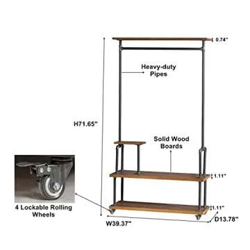 DOFURNILIM Industrial Clothing Rack, Pipe Style Rolling Garment Rack, Heavy Duty Steampunk Clothes Rack, Hall Tree on Wheels with Shelf and Shoes Storage for Home, Retail Store, Rustic Wood