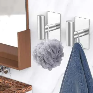 VAEHOLD Wall Towel Hooks, Heavy Duty Sticky Holder Waterproof Towel Hooks for Hanging Coat, Clothes, Closet Hook Wall Mount for Kitchen (Silver, Adhesive 2 Pack)