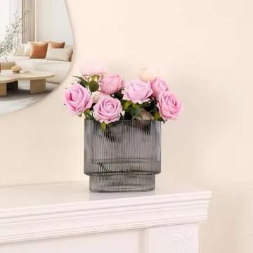 YANWE1 Ribbed Black Glass Flower Vase for Decor