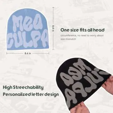 TaowaveWomen Beanie Y2k Hat,MEA Culpa Graphic Beanies Designs,Winter Hat Skull Cap Black Gray for Women