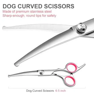 FAIGEO Dog Grooming Scissors with Safety Round Tips Stainless Steel Professional Dog Grooming Kit - Thinning, Curved Scissors and Comb for Dog Cat Pet (Pink 4 in 1)