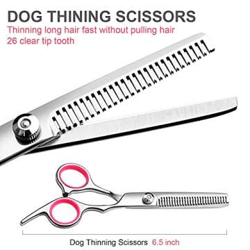 FAIGEO Dog Grooming Scissors with Safety Round Tips Stainless Steel Professional Dog Grooming Kit - Thinning, Curved Scissors and Comb for Dog Cat Pet (Pink 4 in 1)