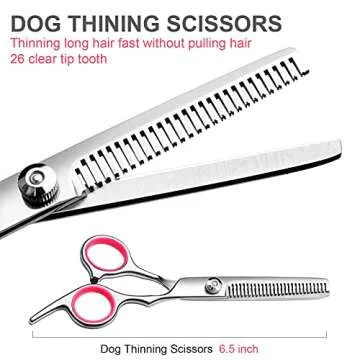 FAIGEO Dog Grooming Scissors with Safety Round Tips Stainless Steel Professional Dog Grooming Kit - Thinning, Curved Scissors and Comb for Dog Cat Pet (Pink 4 in 1)