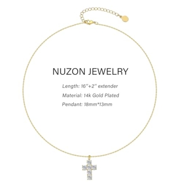 NUZON 18K Gold Plated Dainty Cross Necklace for Women
