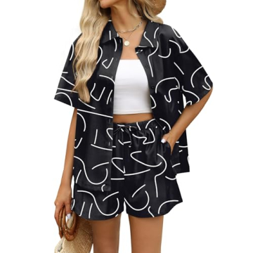 WIHOLL Womens 2 Piece Outfits Lounge Matching Sets Two Piece Printed Short Sleeve Casual Summer Beac...