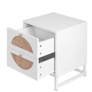 DKLGG Rattan Nightstand Set of 2, Rustic Wood Bedside Table Cabinet/End Table with Storage Drawers, Accent Table Side Table with Sturdy Metal Leg for Living Room, Bedroom(White)