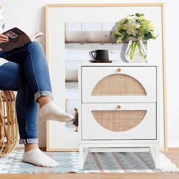DKLGG Rattan Nightstand Set of 2, Rustic Wood Bedside Table Cabinet/End Table with Storage Drawers, Accent Table Side Table with Sturdy Metal Leg for Living Room, Bedroom(White)