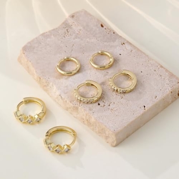 Rotnso Gold Hoop Earrings Set for Women Trendy, 14K Real Gold Plated Chunky Hypoallergenic Small Diamond Huggie Cartilage Hoops Cute Cubic Zirconia Dangle Earrings Jewelry Gifts