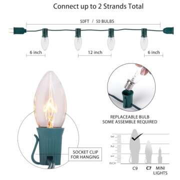 Vintage C9 Christmas Lights Outdoor, 50 FT with 50 Bulbs for Indoor & Outdoor Decoration