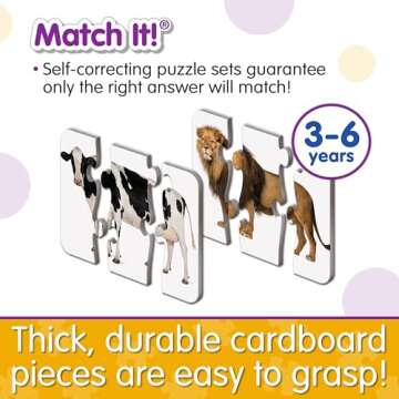 The Learning Journey: Match It! Head to Tail - 20 Self-Correcting Animal-Themed Puzzle Sets - Matching Puzzles for Children Ages 3-6 Years (40 Pieces), White