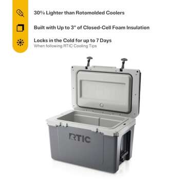 RTIC Ultra-Light 52 Quart Hard Cooler Insulated Portable Ice Chest Box for Beach, Drink, Beverage, Camping, Picnic, Fishing, Boat, Barbecue, 30% Lighter Than Rotomolded Coolers