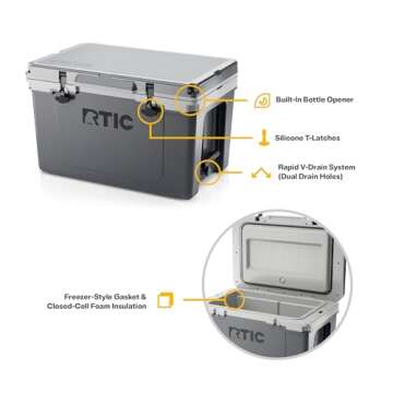 RTIC Ultra-Light 52 Quart Hard Cooler Insulated Portable Ice Chest Box for Beach, Drink, Beverage, Camping, Picnic, Fishing, Boat, Barbecue, 30% Lighter Than Rotomolded Coolers