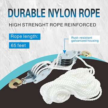 4000LB 65 Feet Rope Hoist Pulley 2 Ton Wheel Block and Tackle System 7:1 Ratio Lifting Power with 2P...