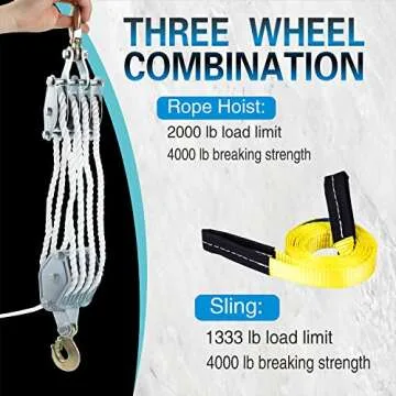 4000LB 65 Feet Rope Hoist Pulley 2 Ton Wheel Block and Tackle System 7:1 Ratio Lifting Power with 2PK 8 FT Lift Sling