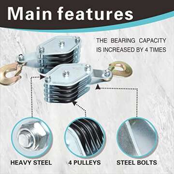 4000LB 65 Feet Rope Hoist Pulley 2 Ton Wheel Block and Tackle System 7:1 Ratio Lifting Power with 2PK 8 FT Lift Sling