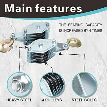 4000LB 65 Feet Rope Hoist Pulley 2 Ton Wheel Block and Tackle System 7:1 Ratio Lifting Power with 2PK 8 FT Lift Sling