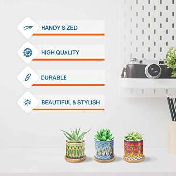 Juccini Ceramic Pots for Plants with Drainage Hole & Saucer ~ Indoor & Outdoor Succulent Planter Pots ~ Pattern Ceramic Cactus Pots for Home, Garden, Kitchen Decor ~ Pack of 3 (Cupid)