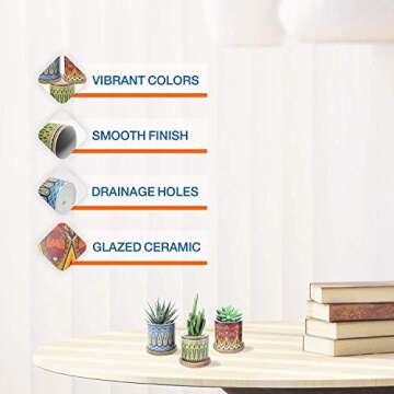 Juccini Ceramic Pots for Plants with Drainage Hole & Saucer ~ Indoor & Outdoor Succulent Planter Pots ~ Pattern Ceramic Cactus Pots for Home, Garden, Kitchen Decor ~ Pack of 3 (Cupid)